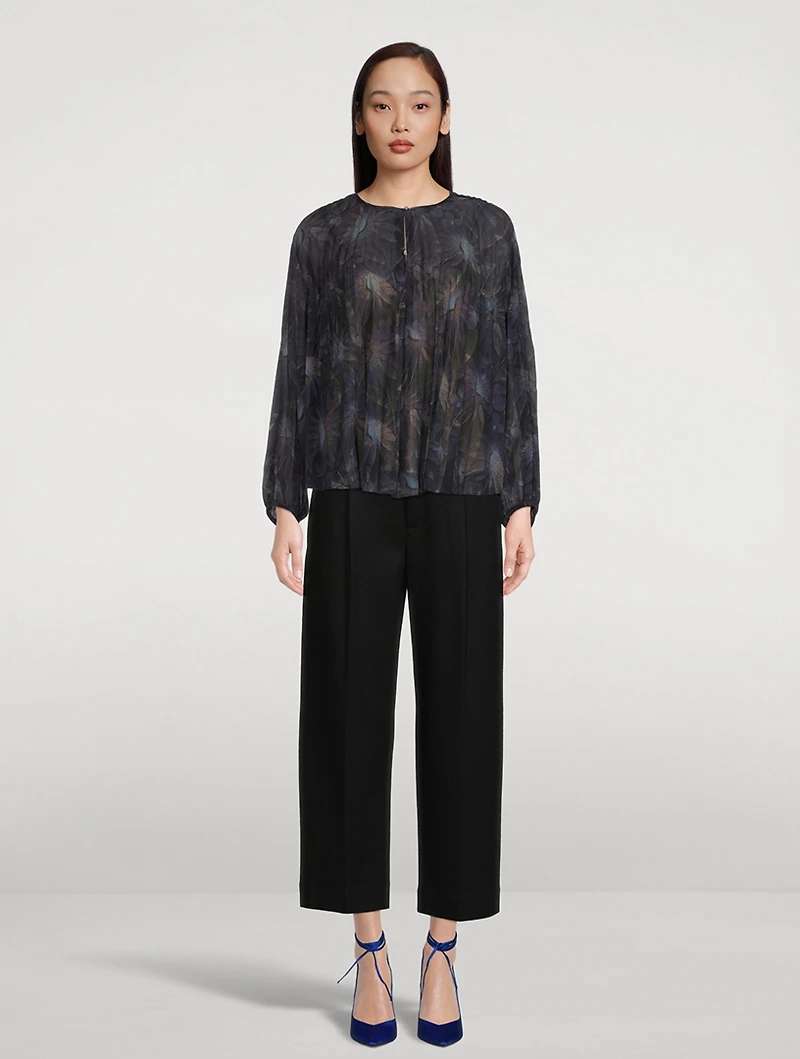 Deco Pleated Peasant Blouse Floral Print