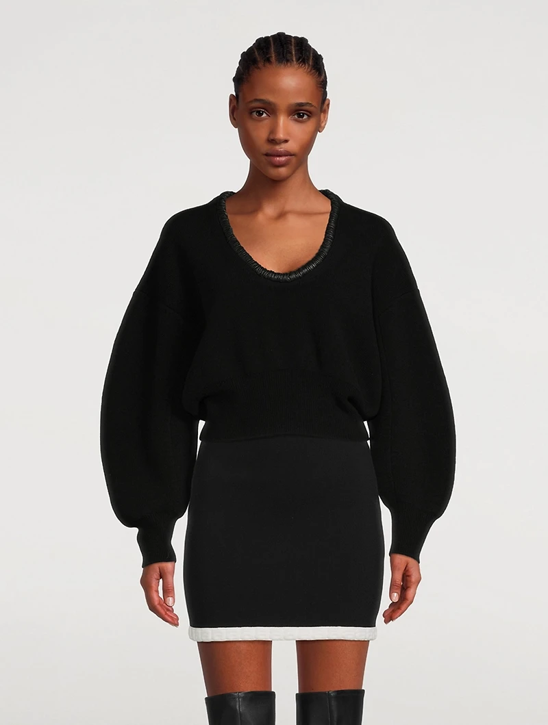 Scoopneck Sweater With Ruched Leather Trim