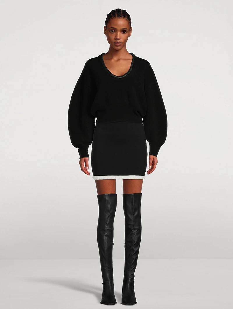 Scoopneck Sweater With Ruched Leather Trim