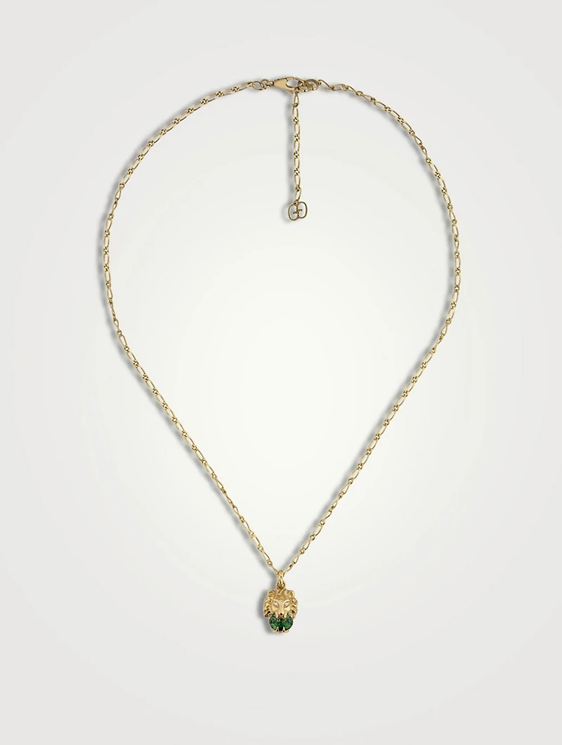 Lion Head 18K Gold Necklace With Diopside Stone And Diamonds