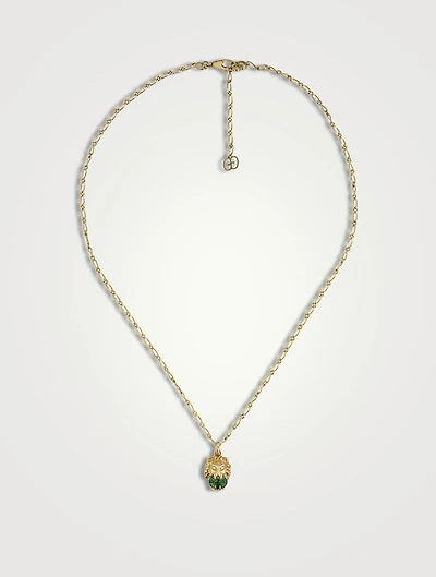 Lion Head 18K Gold Necklace With Diopside Stone And Diamonds