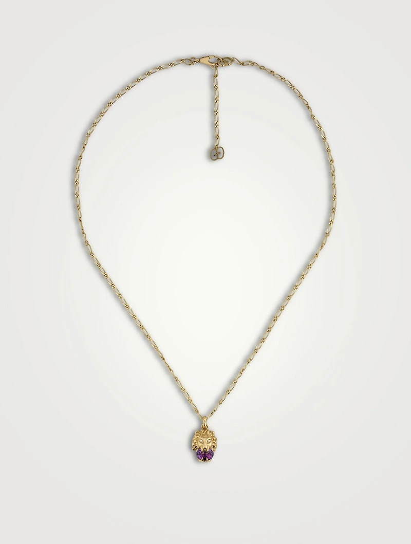 Lion Head 18K Gold Necklace With Amethyst Stone And Diamonds