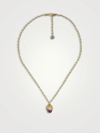 Lion Head 18K Gold Necklace With Amethyst Stone And Diamonds