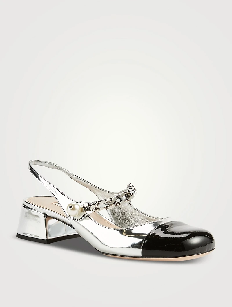 Metallic Mary Jane Slingback Pumps With Chain Strap