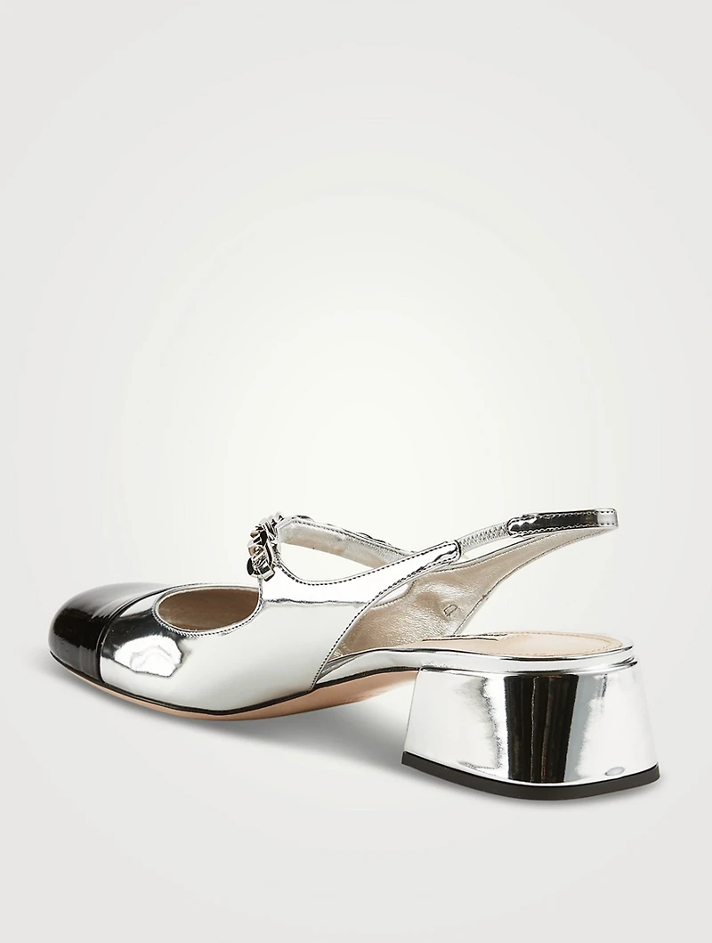 Metallic Mary Jane Slingback Pumps With Chain Strap