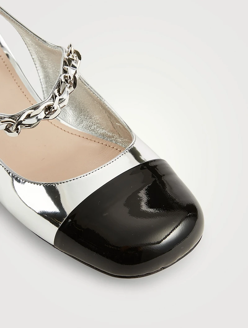 Metallic Mary Jane Slingback Pumps With Chain Strap