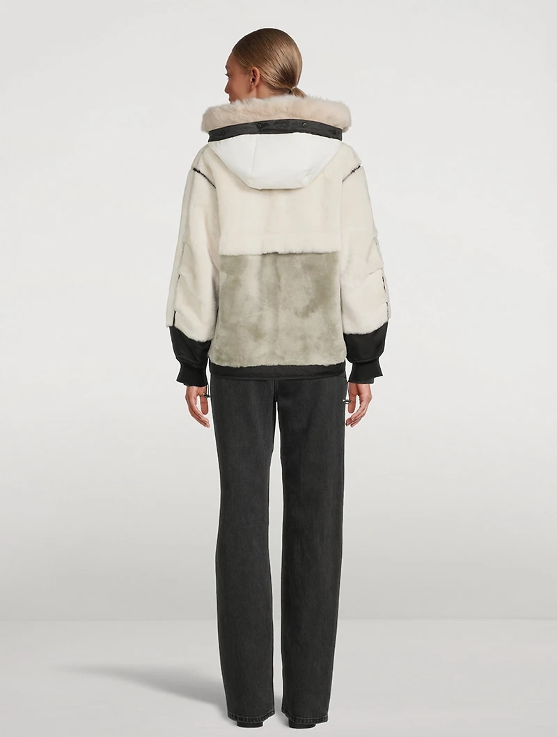 Reversible Colourblock Shearling Bomber Jacket With Hood