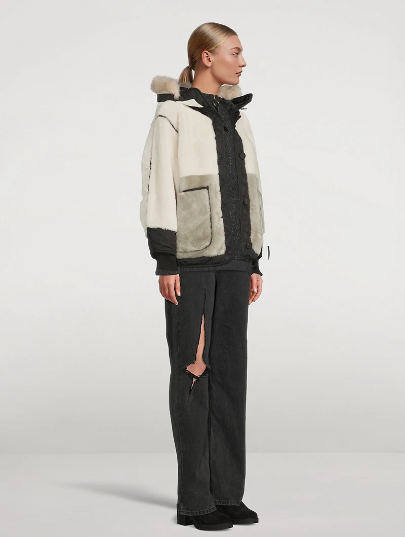 Reversible Colourblock Shearling Bomber Jacket With Hood