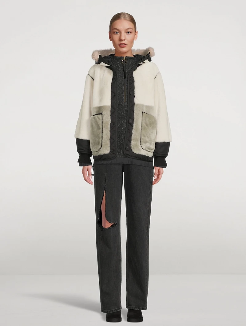 Reversible Colourblock Shearling Bomber Jacket With Hood