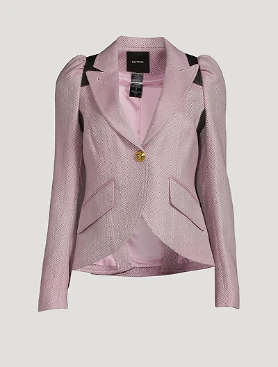 Pouf-Sleeve Herringbone Wool Blazer