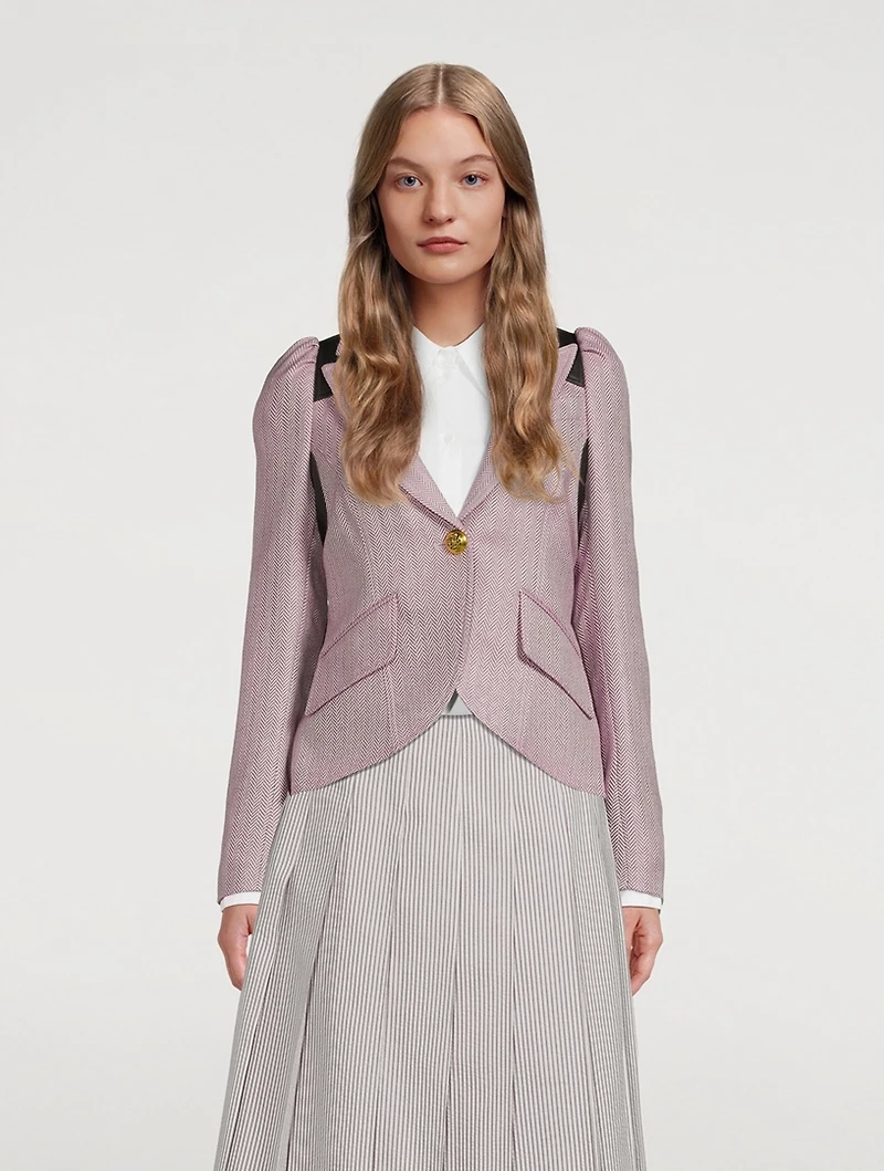 Pouf-Sleeve Herringbone Wool Blazer