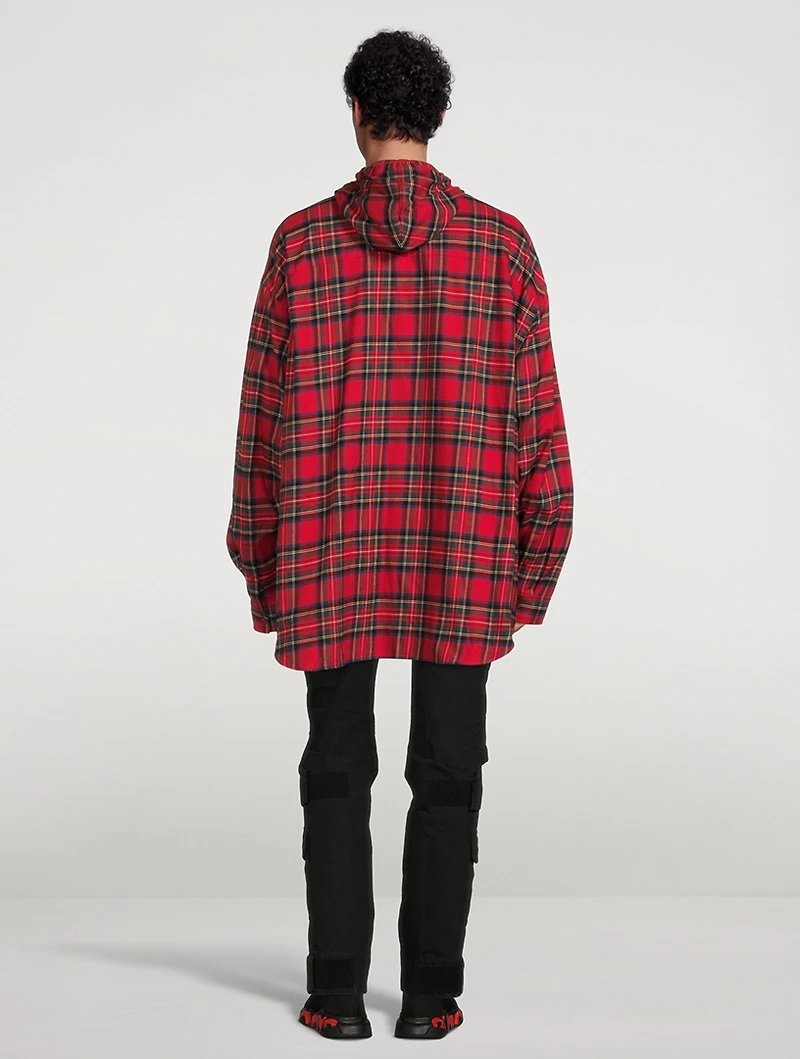 Cotton Hooded Shirt Plaid Print