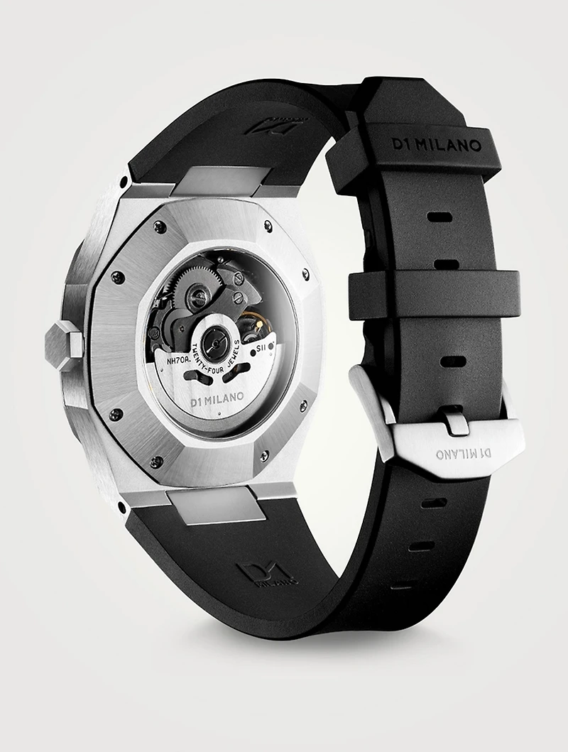 Skeleton Stainless Steel Rubber Strap Watch