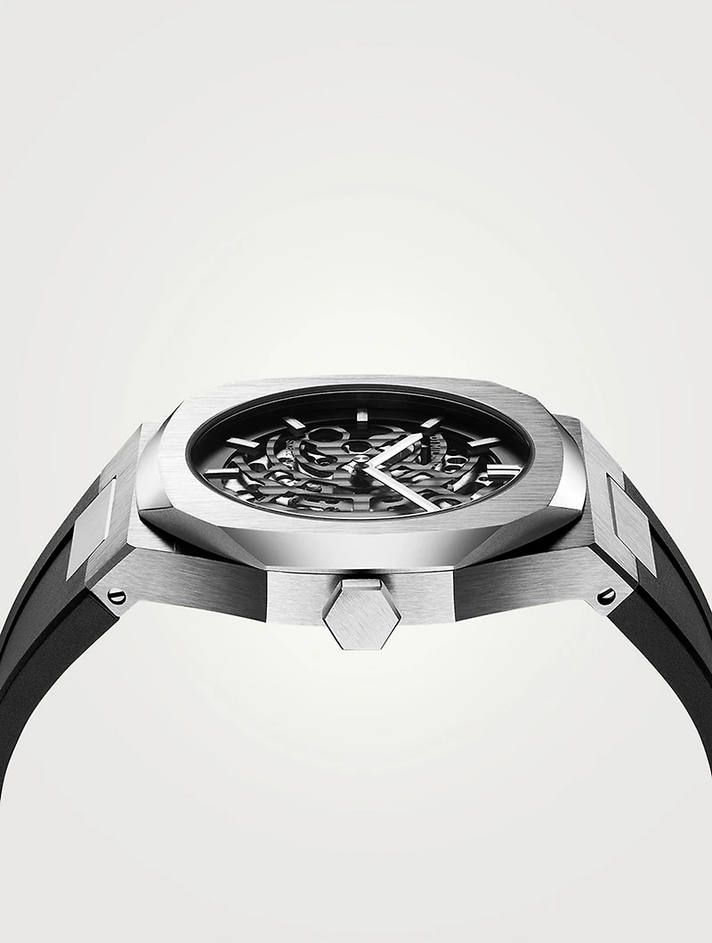 Skeleton Stainless Steel Rubber Strap Watch