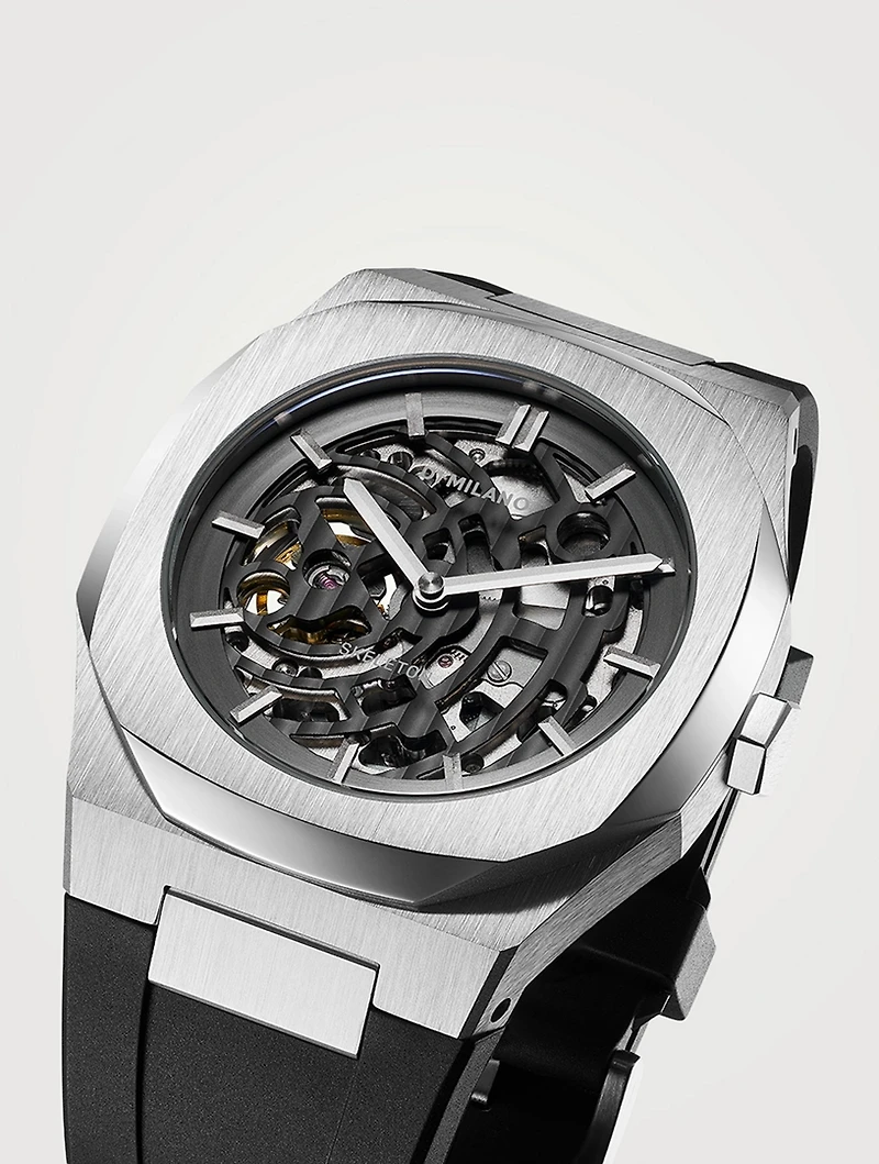Skeleton Stainless Steel Rubber Strap Watch
