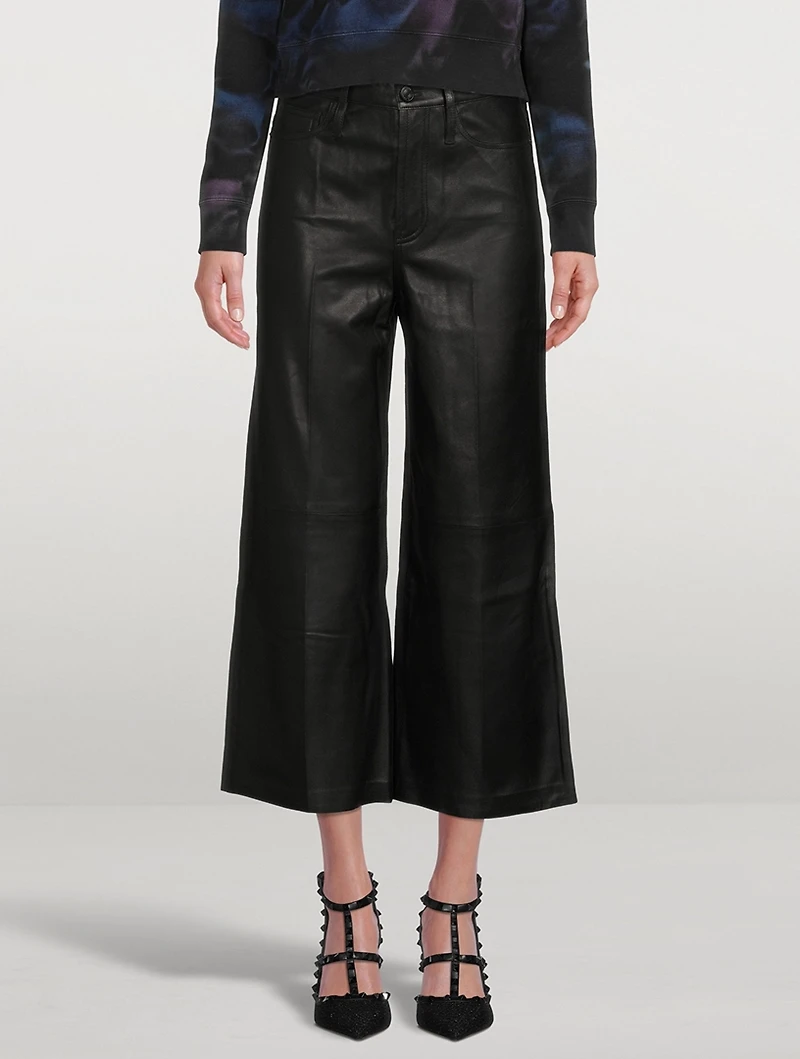High-Rise Wide-Leg Cropped Leather Trousers