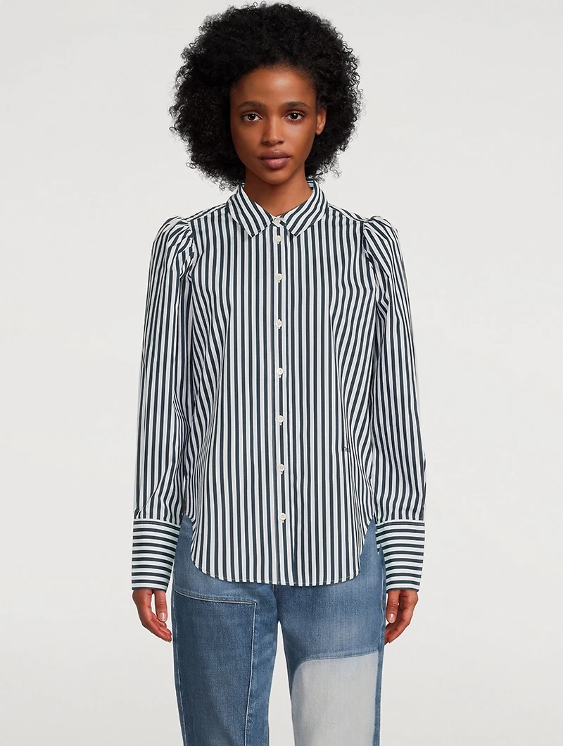 Puff-Sleeve Organic Cotton Shirt Stripe Print