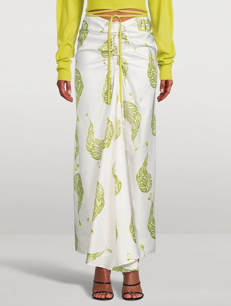 Silk Ruched Drape Long Skirt