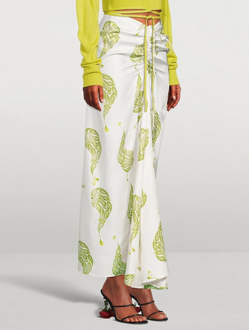 Silk Ruched Drape Long Skirt