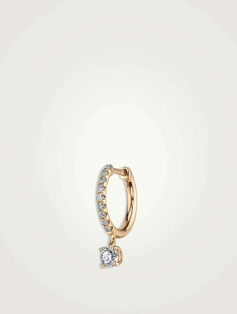 18K Gold Diamond Huggie Hoop Earring With Round Diamond Drop