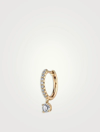 18K Gold Diamond Huggie Hoop Earring With Round Diamond Drop