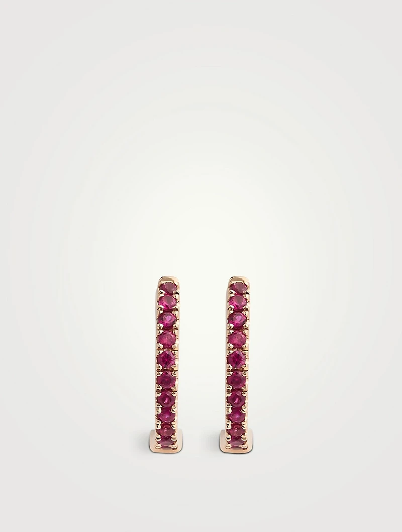 Small 18K Rose Gold Huggie Hoop Earrings With Rubies