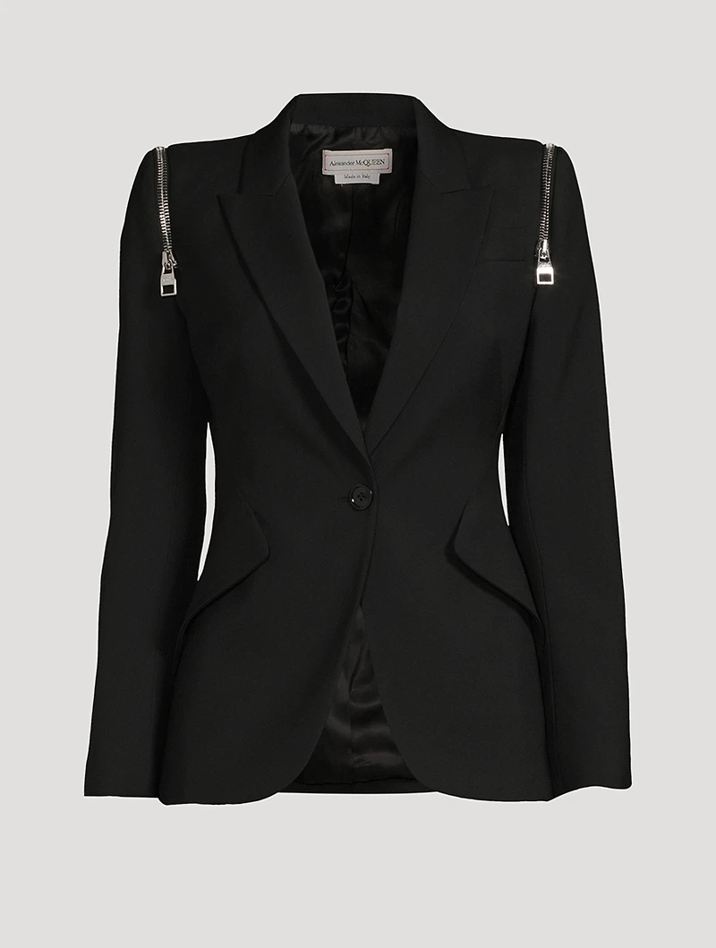 Peak Shoulder Wool Blazer With Zipper Trim