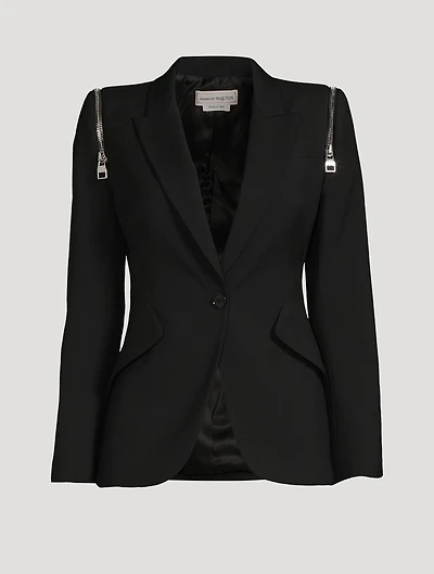 Peak Shoulder Wool Blazer With Zipper Trim