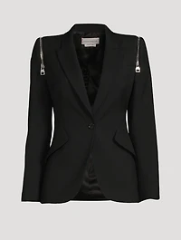 Peak Shoulder Wool Blazer With Zipper Trim