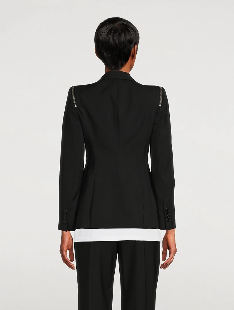 Peak Shoulder Wool Blazer With Zipper Trim