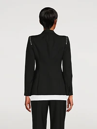Peak Shoulder Wool Blazer With Zipper Trim