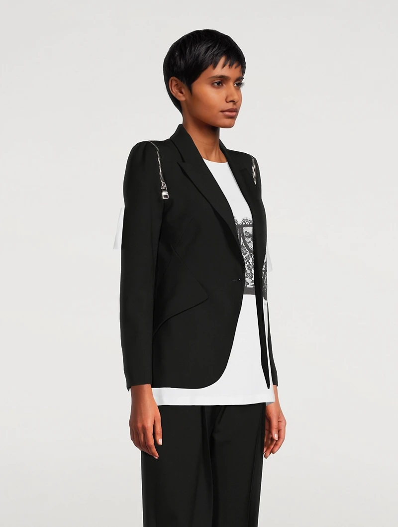 Peak Shoulder Wool Blazer With Zipper Trim