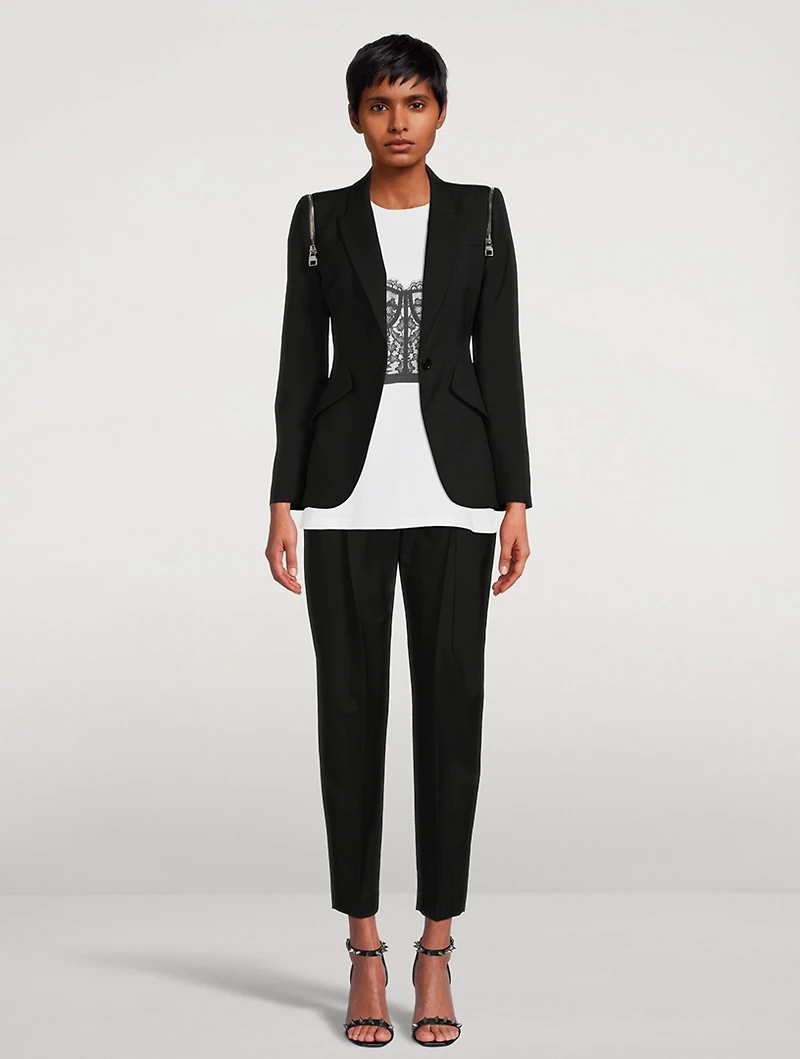 Peak Shoulder Wool Blazer With Zipper Trim