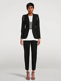 Peak Shoulder Wool Blazer With Zipper Trim