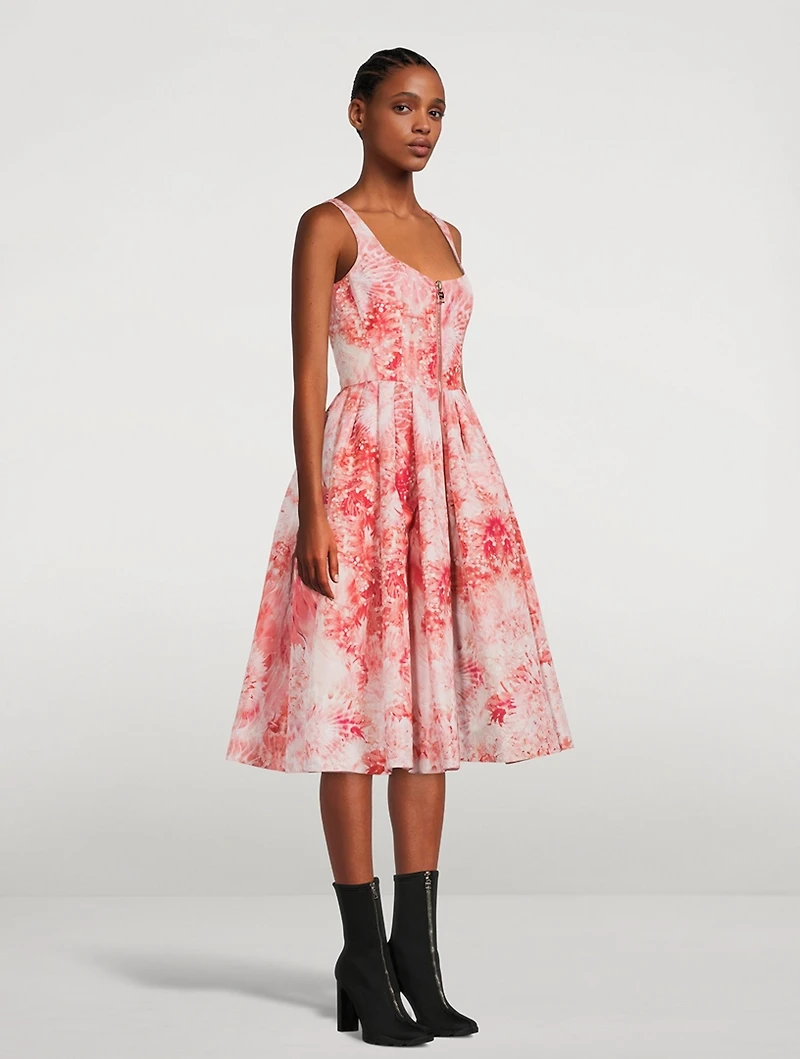 Zip-Front Polyfaille Midi Dress Sea Coral Print