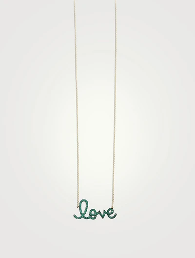 14K Gold Love Script Necklace With Emeralds