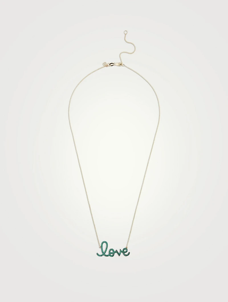 14K Gold Love Script Necklace With Emeralds