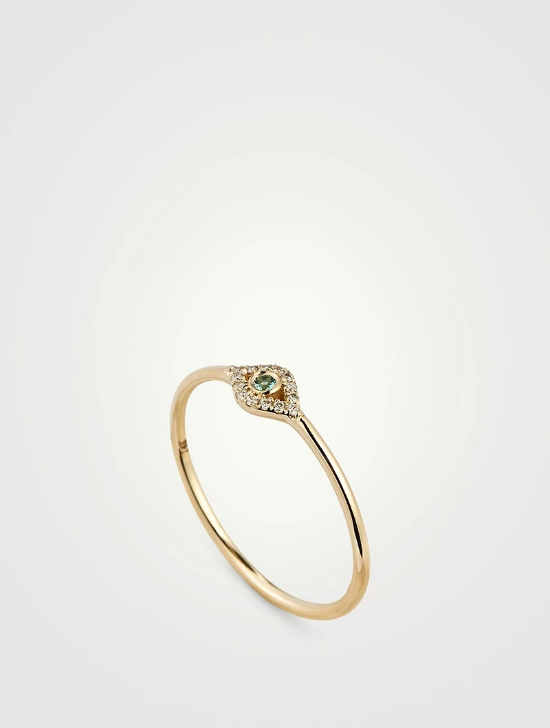 14K Gold Evil Eye Ring With Emerald And Diamonds