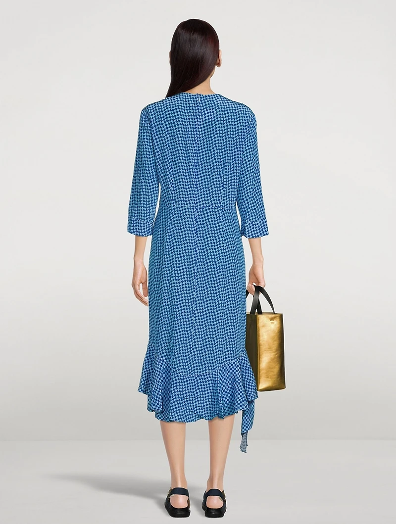 Asymmetric Silk Midi Dress Check Print
