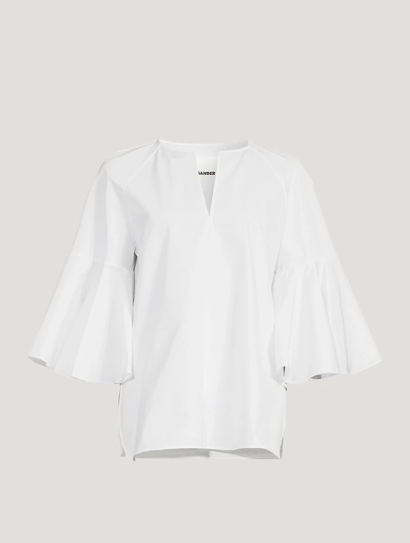 Flounce-Sleeve Cotton Blouse