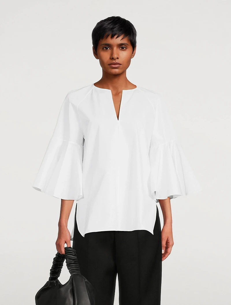 Flounce-Sleeve Cotton Blouse