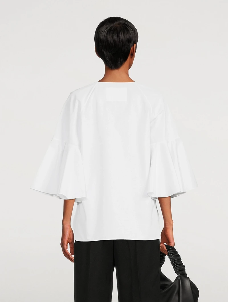 Flounce-Sleeve Cotton Blouse