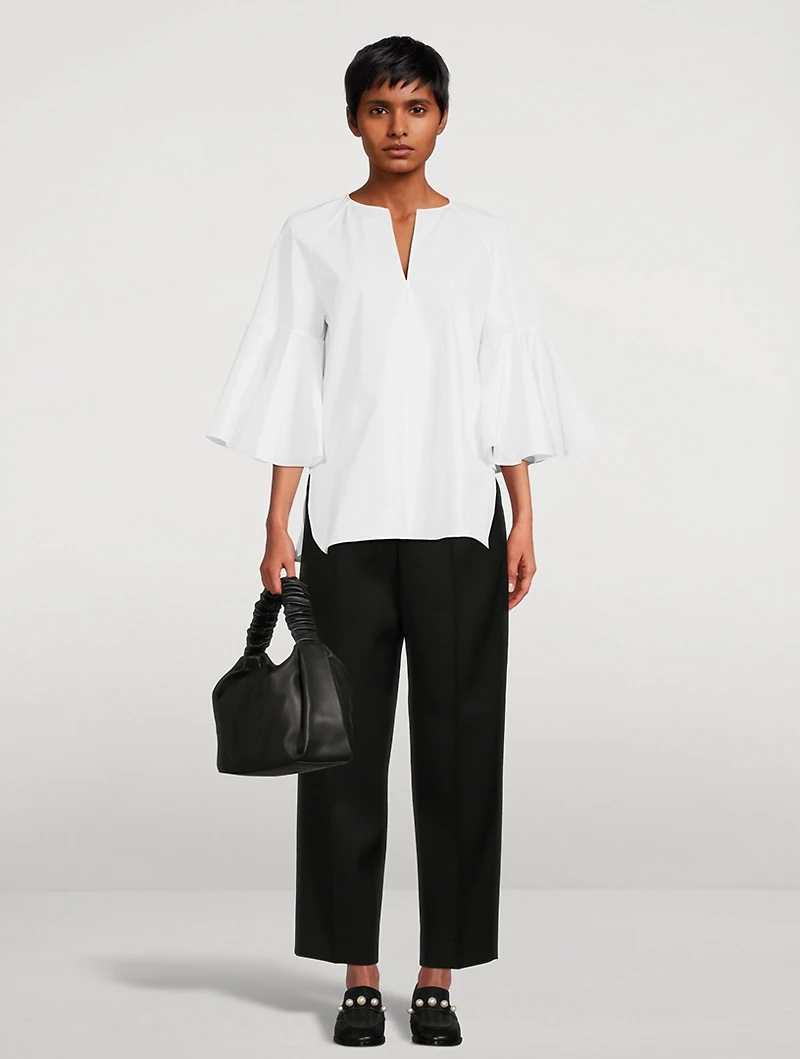 Flounce-Sleeve Cotton Blouse