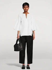 Flounce-Sleeve Cotton Blouse