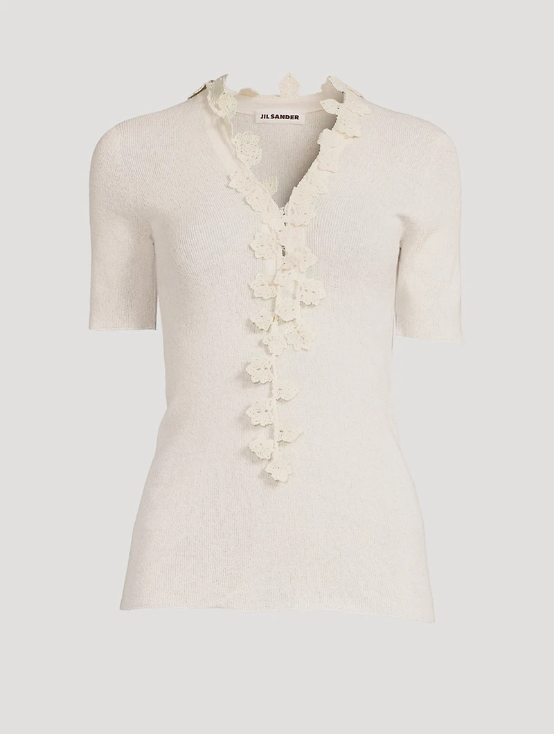 Superfine Knit Sweater With Floral Appliqué