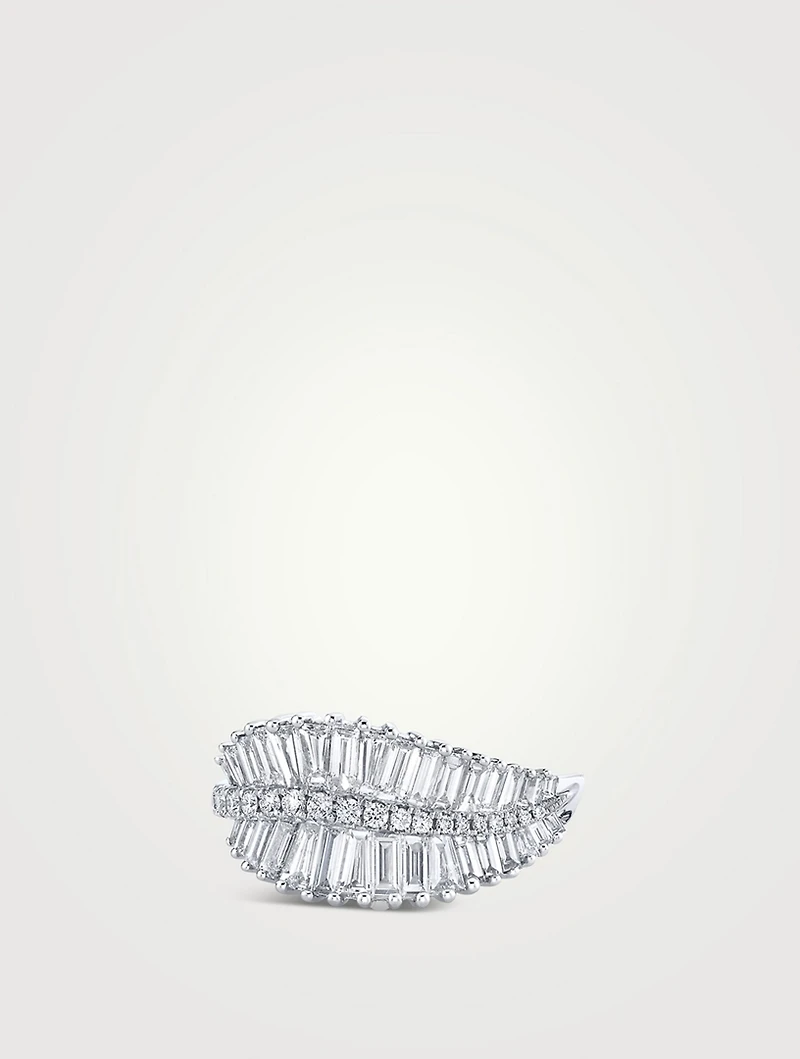 18K White Gold Sideways Palm Leaf Ring With Diamonds
