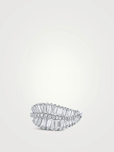 18K White Gold Sideways Palm Leaf Ring With Diamonds