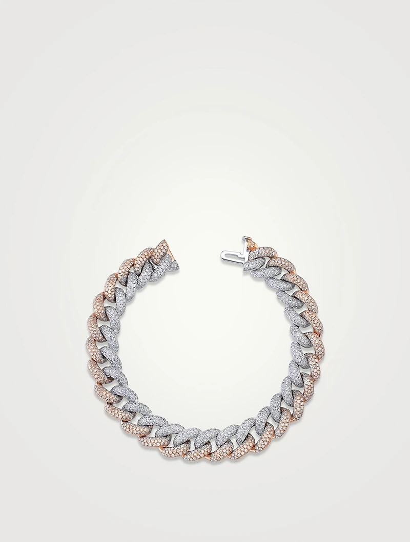 Two-Tone 18K Gold Link Bracelet With Pavé Diamonds