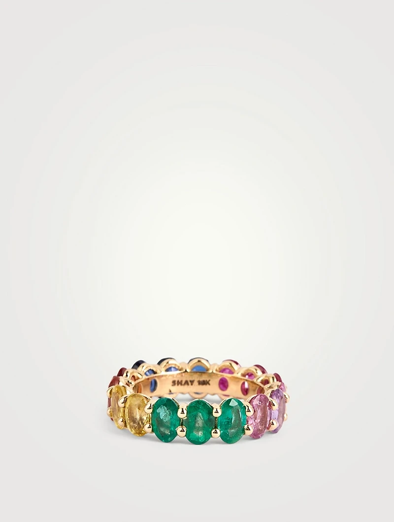 18K Gold Oval Rainbow Eternity Ring With Gemstones