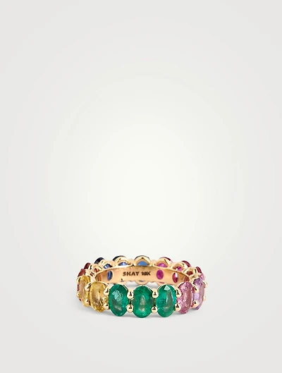 18K Gold Oval Rainbow Eternity Ring With Gemstones